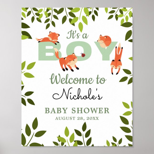 Woodland Forest Fox Baby Dusche Begrüßungszeichen Poster (Vorne)