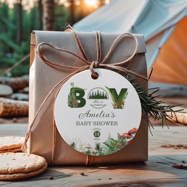 Woodland Forest It’s a Boy Mushroom Baby Shower Geschenkanhänger (Von Creator hochgeladen)