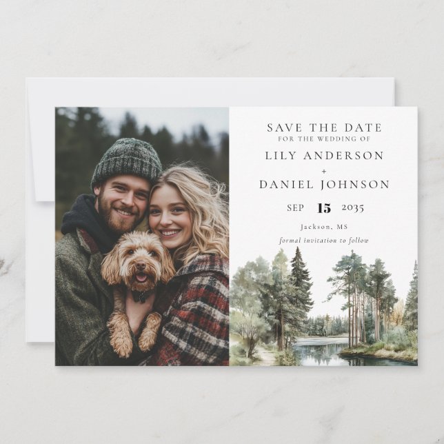 Woodland Forest Lake Photo Wedding Save The Date (Vorderseite)