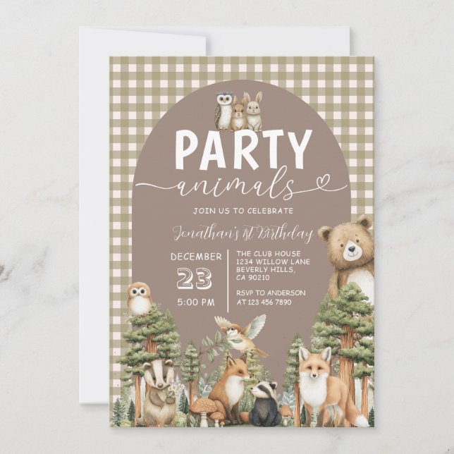 Woodland Forest Party Animals 1st Birthday Gingham Einladung (Vorderseite)