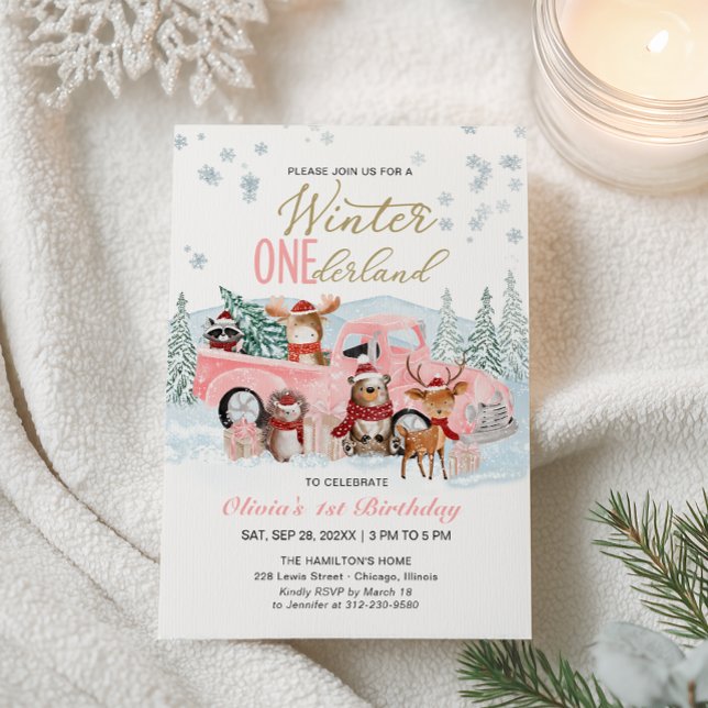 Woodland Forest Pink Truck ONEderland 1st Birthday Einladung (Von Creator hochgeladen)