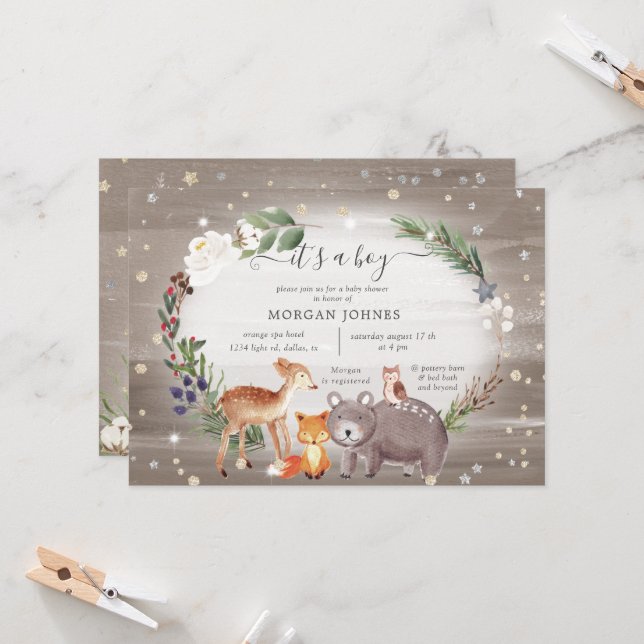 Woodland Forest Sparkle Kinderdusche Einladung (Vorderseite/Rückseite Beispiel)