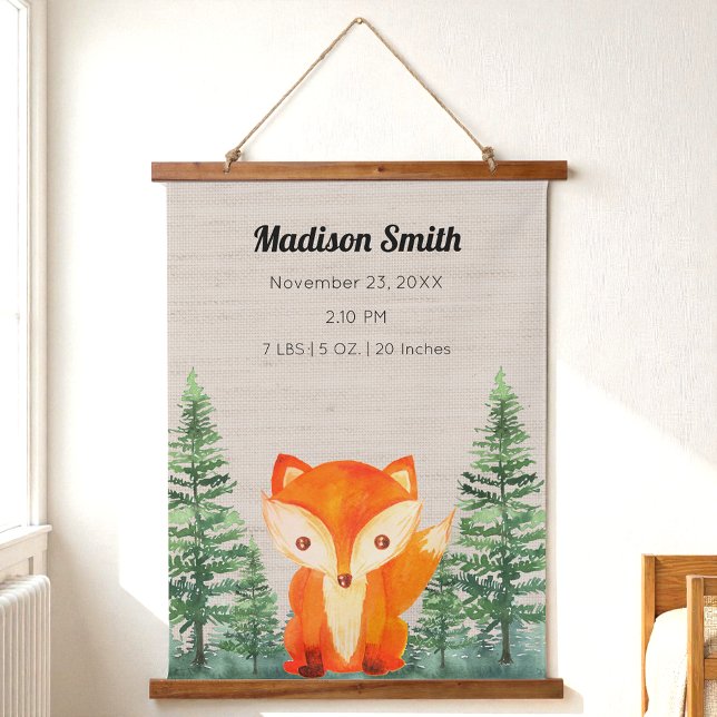 Woodland Fox Baby Birth Stats Kinderzimmer Wandteppich Mit Holzrahmen (Von Creator hochgeladen)