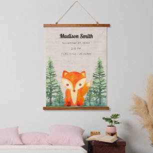 Woodland Fox Baby Birth Stats Kinderzimmer Wandteppich Mit Holzrahmen