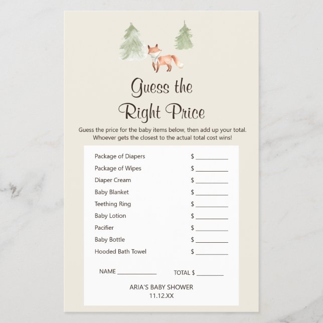 Woodland Fox Baby Shower GuessThe Right Price Game Flyer (Vorne)