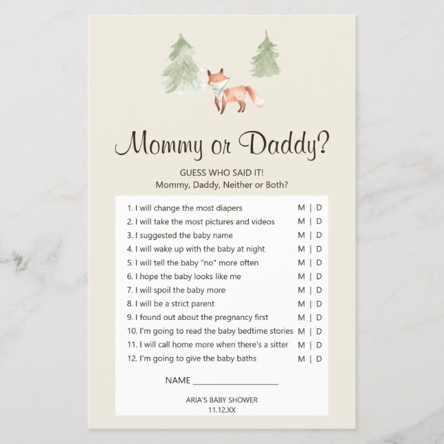 Woodland Fox Baby Shower Mommy oder Daddy Game Flyer (Vorne)