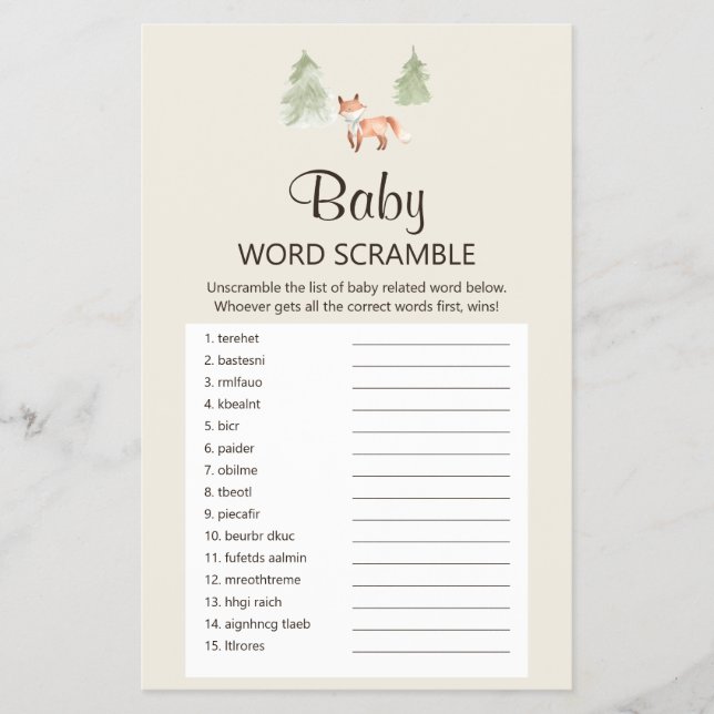 Woodland Fox Babydusche Baby Word Scramble Game Flyer (Vorne)