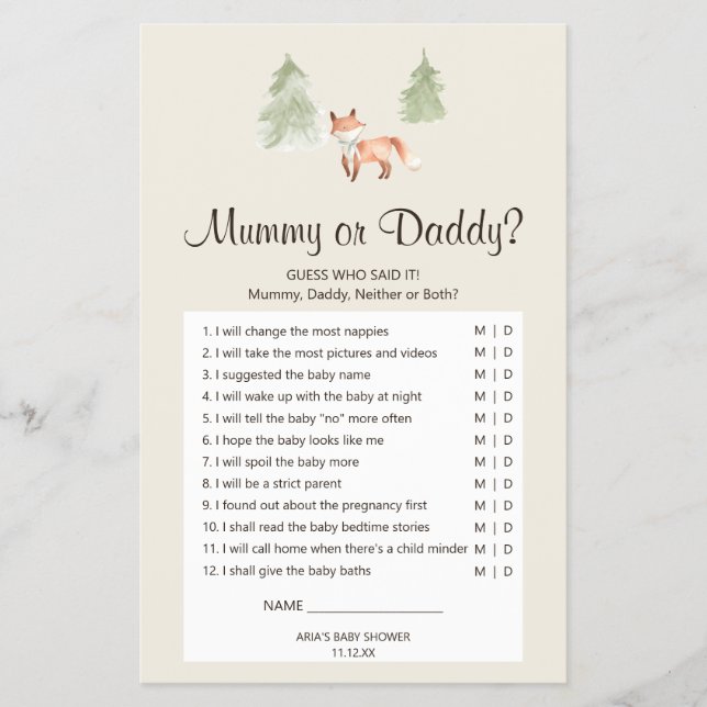 Woodland Fox Babydusche Mummy oder Daddy Game Flyer (Vorne)