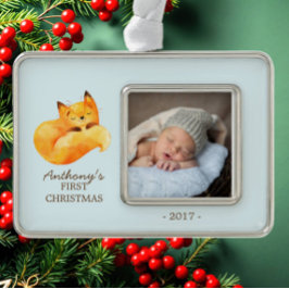Woodland Fox Baby's 1. Weihnachts-Foto Ornament Rahmen-Ornament Silber