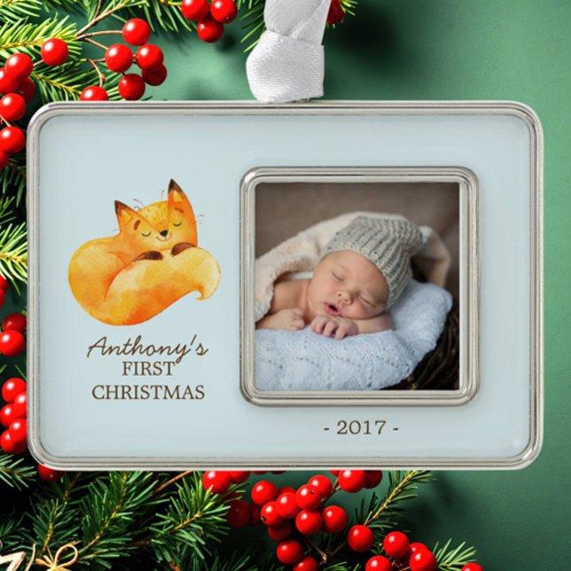 Woodland Fox Baby's 1. Weihnachts-Foto Ornament Rahmen-Ornament Silber (Von Creator hochgeladen)