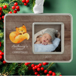 Woodland Fox Baby's 1. Weihnachts-Foto Ornament Rahmen-Ornament Silber
