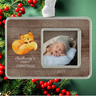 Woodland Fox Baby's 1. Weihnachts-Foto Ornament Rahmen-Ornament Silber