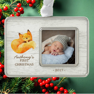 Woodland Fox Baby's 1. Weihnachts-Foto Ornament Rahmen-Ornament Silber