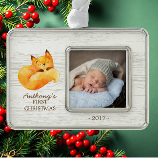 Woodland Fox Baby's 1. Weihnachts-Foto Ornament Rahmen-Ornament Silber