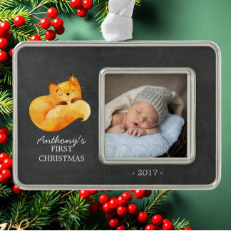Woodland Fox Baby's 1. Weihnachts-Foto Ornament Rahmen-Ornament Silber