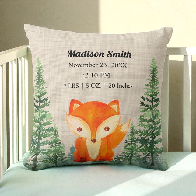 Woodland Fox Birth Stats Brown Kinderzimmer Kissen (Von Creator hochgeladen)