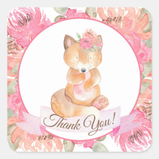 Woodland Fox Boho Pink BläserBaby Dusche Quadratischer Aufkleber