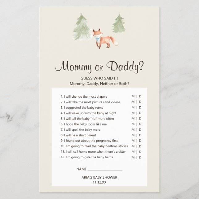 Woodland Fox Boy Baby Dusche Mama oder Daddy Game Flyer (Vorne)