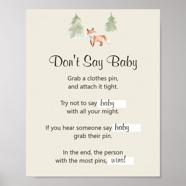 Woodland Fox Boy Baby Shower Say Baby Game nicht Poster (Vorne)