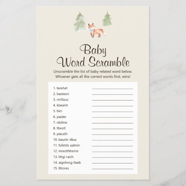 Woodland Fox Boy Dusche Baby Word Scramble Game Flyer (Vorne)