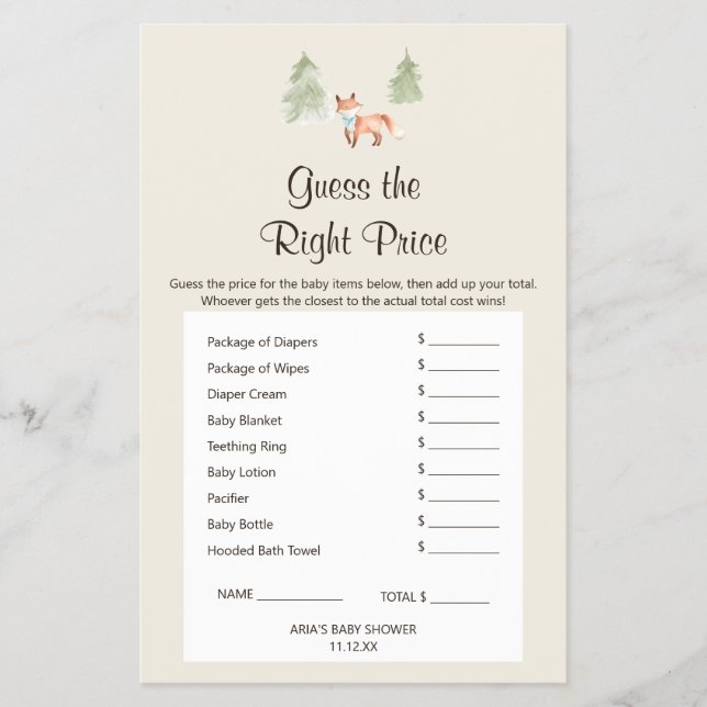 Woodland Fox Boy Shower schätzt das richtige Preis Flyer (Vorne)