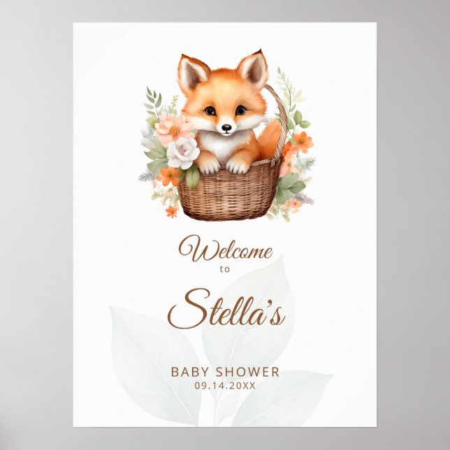 Woodland Fox Florals Baby Shower Welcome Sign Poster (Vorne)