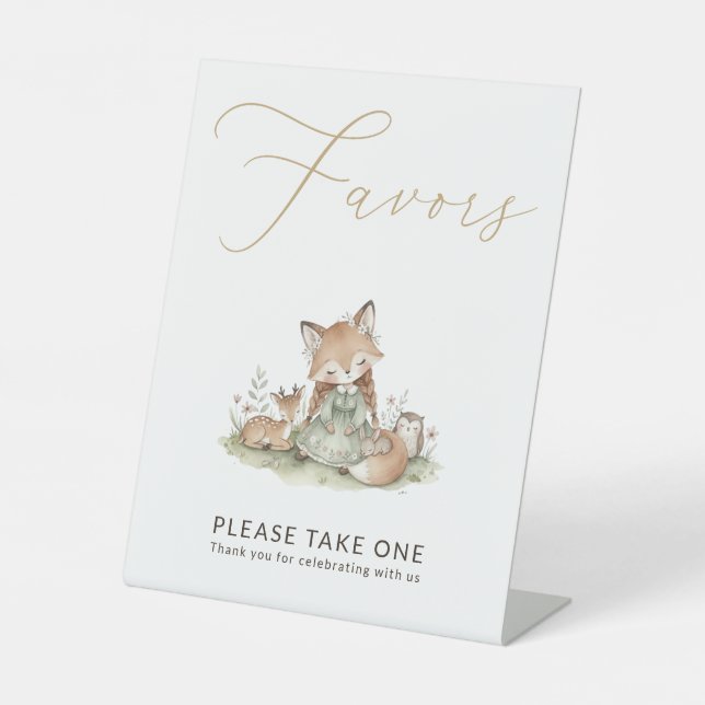 Woodland Fox Girl Favors Baby Shower Sockelschild (Vorderseite)