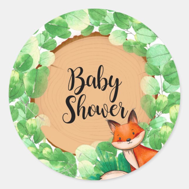 Woodland Fox Greenery Baby Shower Runder Aufkleber (Vorderseite)
