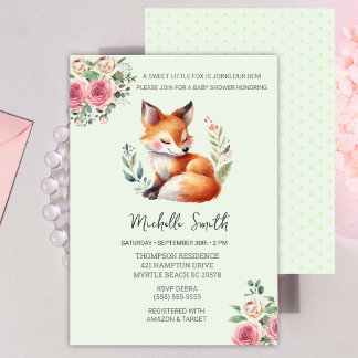 Woodland Fox Pink Floral Baby Dusche Einladung