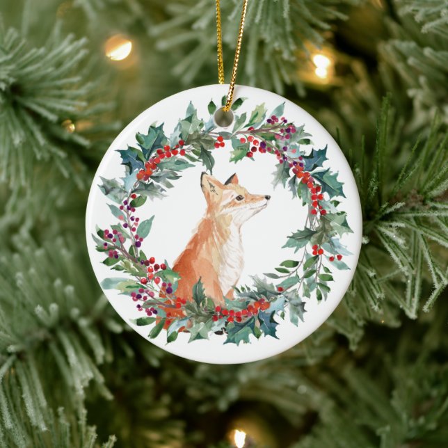 Woodland Fox Wasserfarbe Weihnachten Keramik Ornament (Baum)