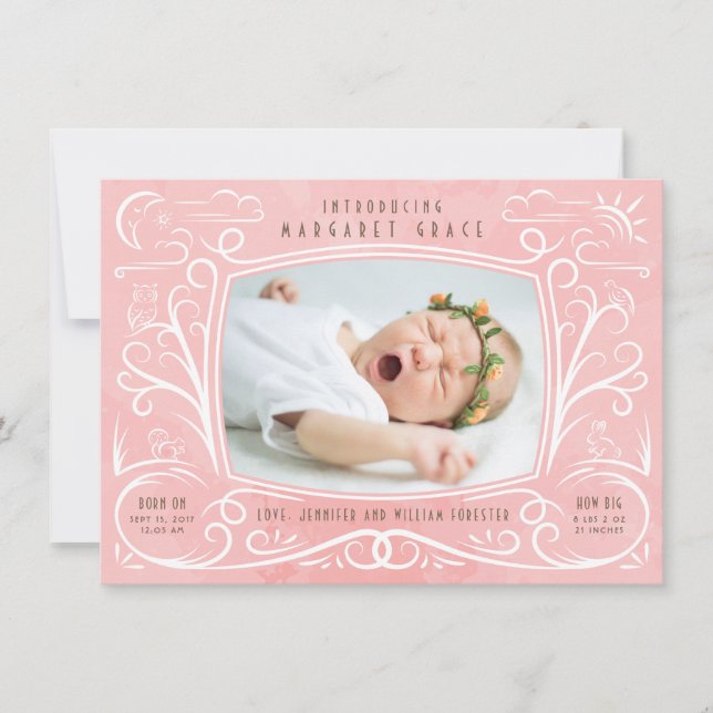 Woodland Friends Birth Announcement Girl Ankündigung (Vorderseite)