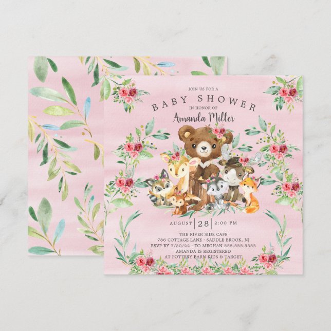 Woodland Friends Girls Kinderdusche Einladung (Vorne/Hinten)