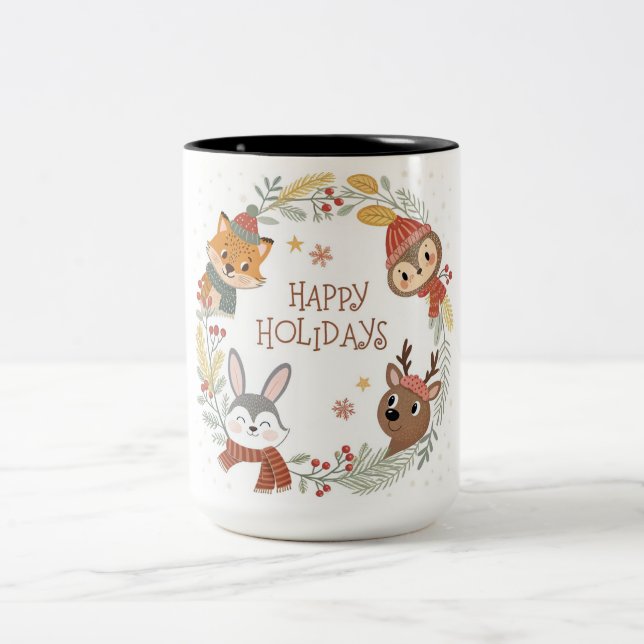 Woodland Friends Happy Holidays Circle Zweifarbige Tasse (Mittel)