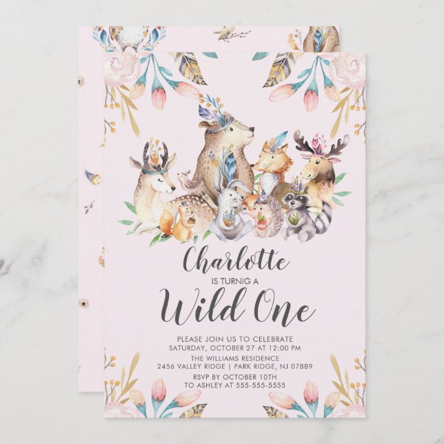 Woodland Friends Wild One Birthday Einladung (Vorne/Hinten)