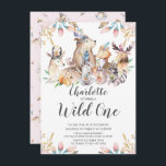 Woodland Friends Wild One Girls 1. Geburtstag Invi Einladung<br><div class="desc">Niedliche Waldtiere wilde ein Mädchen Geburtstag Einladung Set auf einem rosa Einbruch Hintergrund mit einem koordinierenden Rücken.</div>
