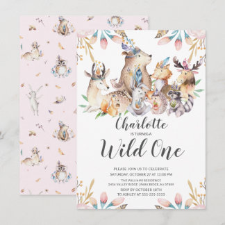 Woodland Friends Wild One Girls 1. Geburtstag Invi Einladung