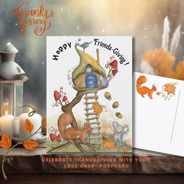 Woodland Friendsgiving - Verzaubertes Baumhaus Postkarte (Woodland Friendsgiving - Entchanted Treehouse Postcard)
