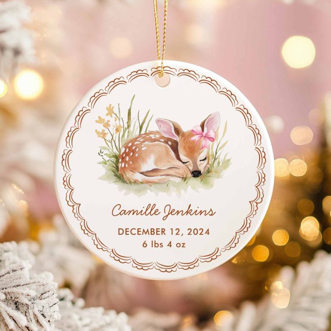 Woodland Girl Baby Birth Stats Photo Christmas Keramik Ornament (Cute Deer Fawn Girl Baby Birth Stats Ornament)