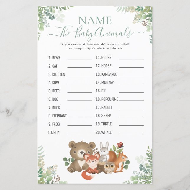 Woodland Greenerenery Shower Baby Animal Name Game (Vorderseite)