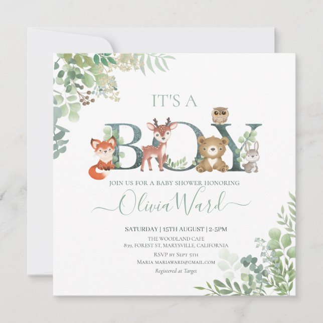 Woodland Greenery Baby Shower Boy Einladung (Vorderseite)