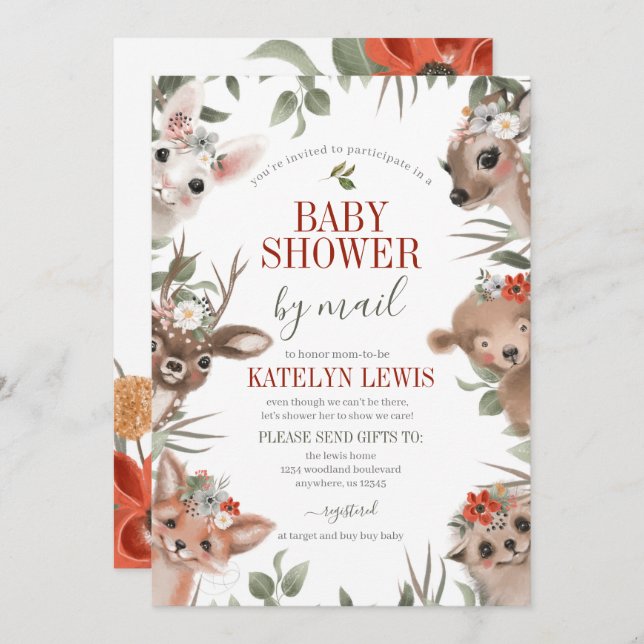 Woodland Greenery Baby Shower by Mail Einladung (Vorne/Hinten)