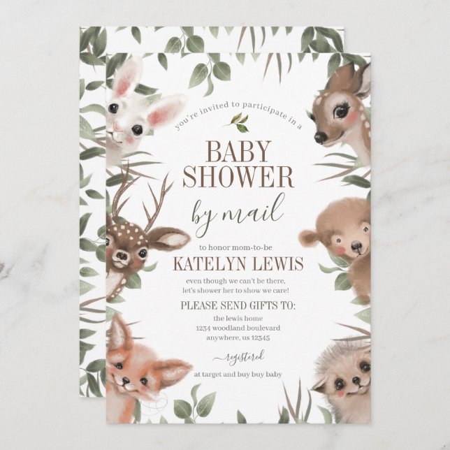 Woodland Greenery Baby Shower by Mail Einladung (Vorne/Hinten)