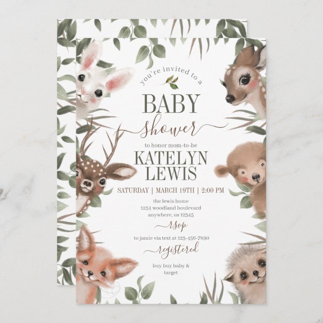 Woodland Greenery Baby Shower Einladung (Vorne/Hinten)