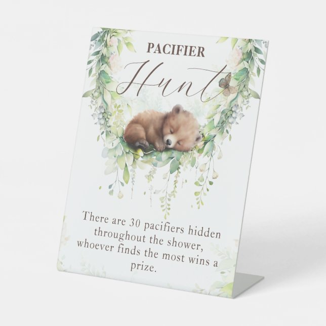 Woodland Greenery Baby Shower Pacifier Hunt Game Sockelschild (Vorderseite)