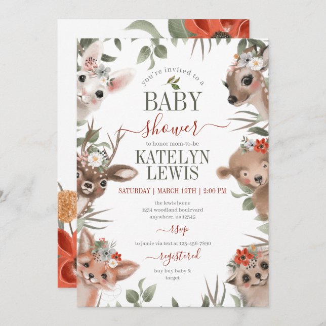 Woodland Greenery Girl Baby Shower Einladung (Vorne/Hinten)