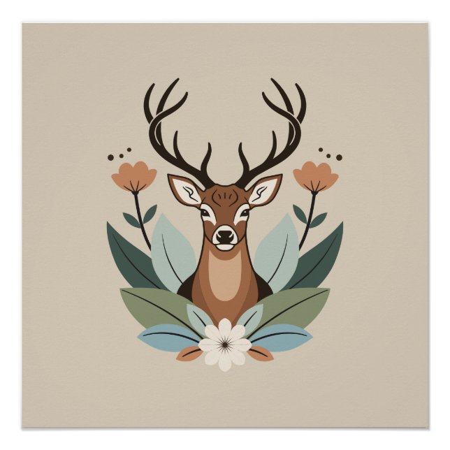 Woodland Harmony – Boho Deer Botanical Illustratio Poster (Vorderseite)