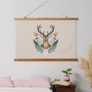 Woodland Harmony – Boho Deer Botanical Illustratio Wandteppich Mit Holzrahmen