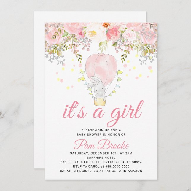 Woodland Hot Air Ballon Bunny Baby Dusche Einladung (Vorne/Hinten)