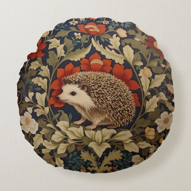 Woodland Igel William Morris Inspiriert Rundes Kissen (Vorderseite)