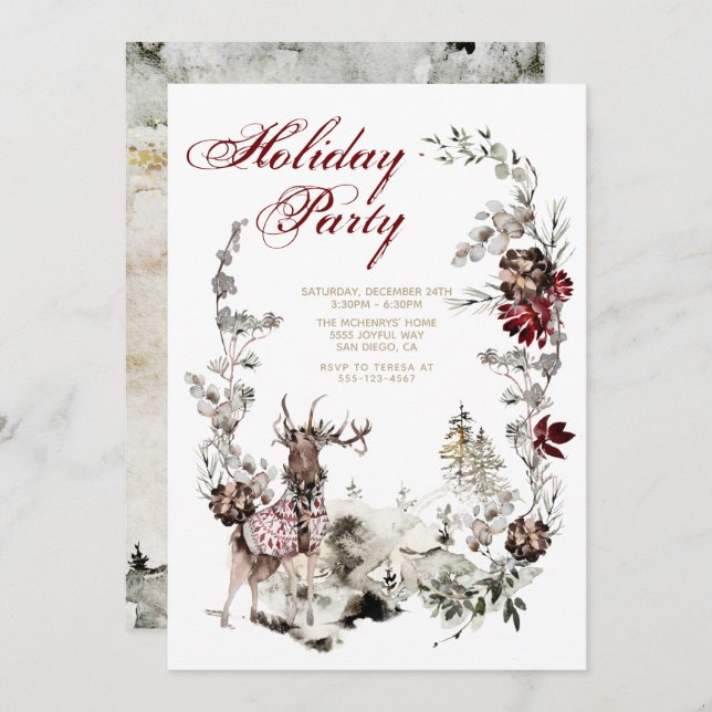 Woodland JoChristmas Deer Floral Holiday Party Einladung (Vorne/Hinten)